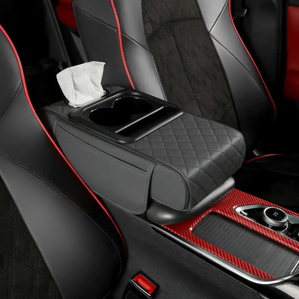 Nueva almohadilla universal de cuero para reposabrazos de coche con bolsa de almacenamiento, soporte para mano y caja de pañuelos para consola central al por mayor