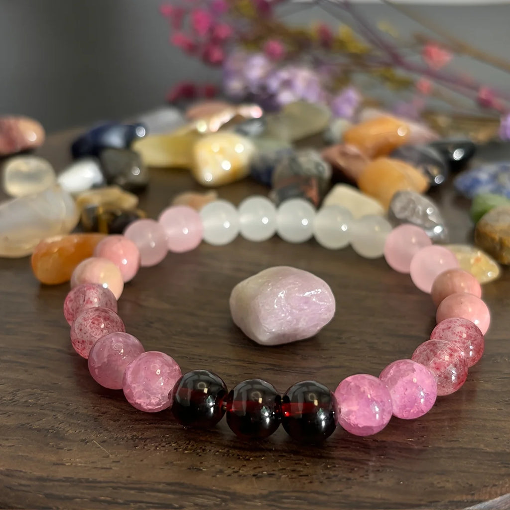 1pc White & Pink Color Natural Stone Beads Beaded Bracelet Handmade Yoga Hand String Jewelry