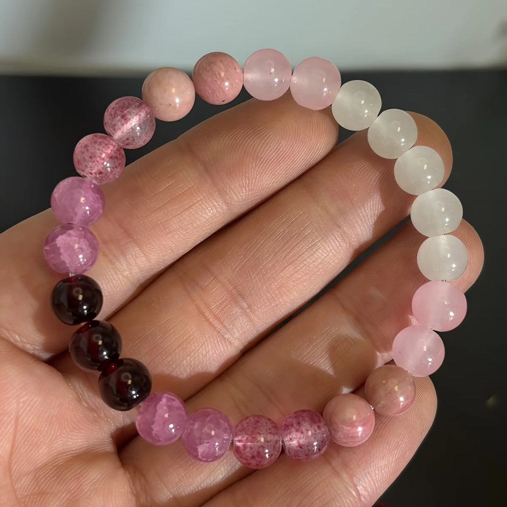 1pc White & Pink Color Natural Stone Beads Beaded Bracelet Handmade Yoga Hand String Jewelry