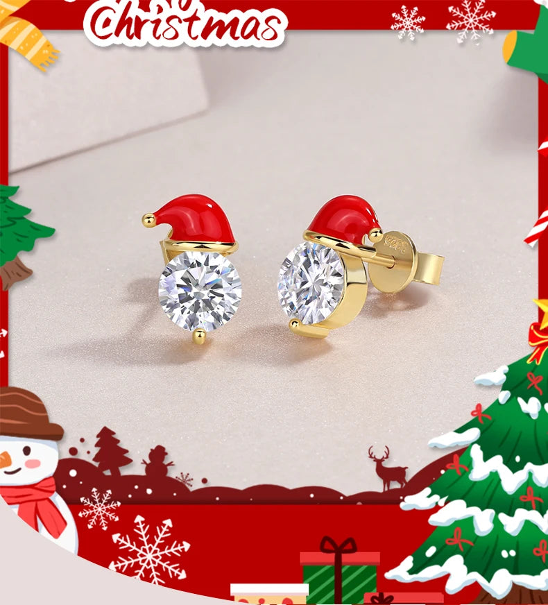Festive Moissanite Christmas Hat Stud Design with 925 Silver  Round Cut Stones for Holiday Fashion Jewelry Gifts Earrings