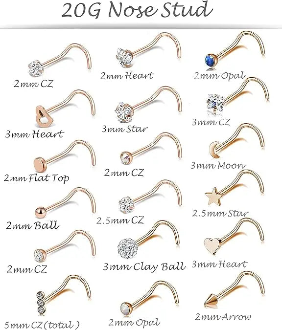 20G 38Pcs Stainless Steel Screw Shaped Nose Studs Nose Rings CZ Hoop Tragus Cartilage Nose Ring Labret Nose Piercing Jewelry