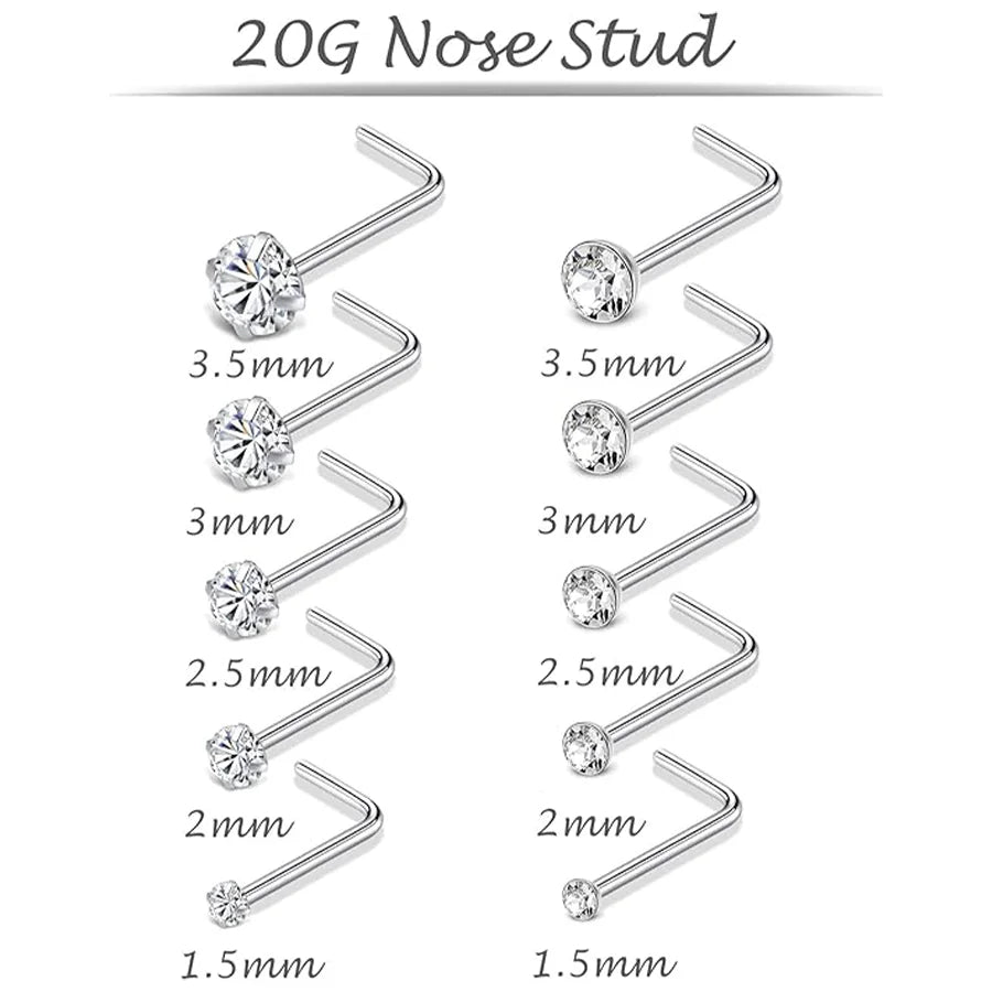 10Pcs Stainless Steel L Shaped Nose Studs Rings Square Round CZ Nose Ring Labret Nose Piercing Jewelry Silver Tone