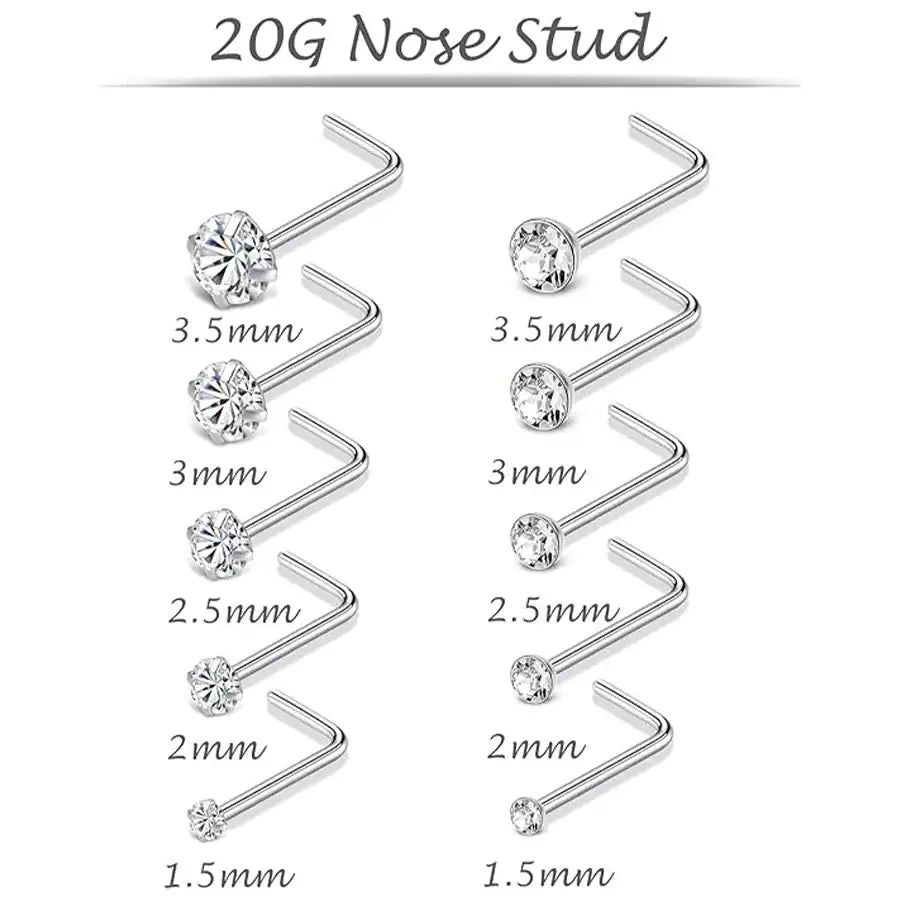 10Pcs Stainless Steel L Shaped Nose Studs Rings Square Round CZ Nose Ring Labret Nose Piercing Jewelry Silver Tone