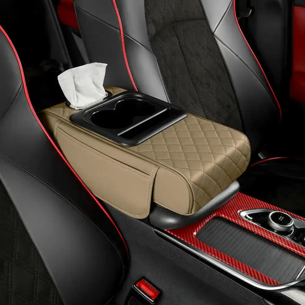 Nueva almohadilla universal de cuero para reposabrazos de coche con bolsa de almacenamiento, soporte para mano y caja de pañuelos para consola central al por mayor