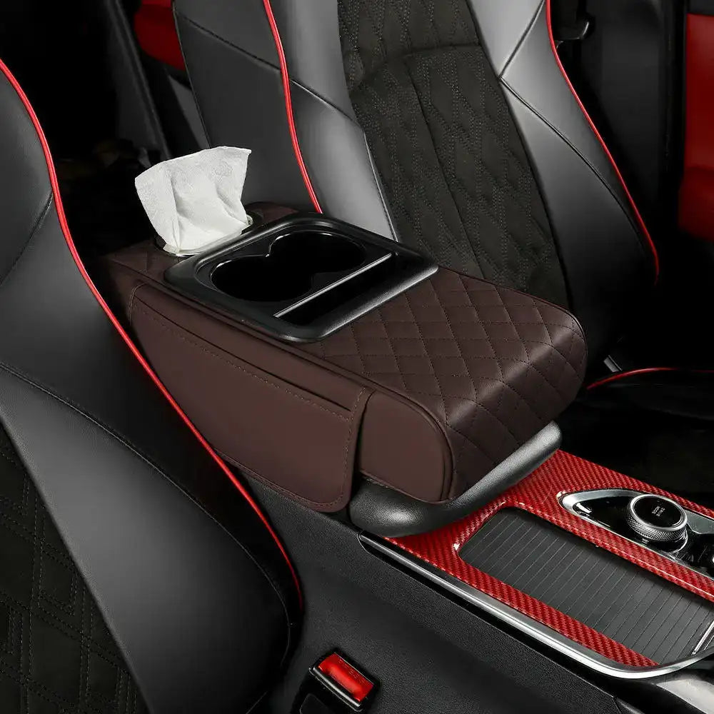 Nueva almohadilla universal de cuero para reposabrazos de coche con bolsa de almacenamiento, soporte para mano y caja de pañuelos para consola central al por mayor