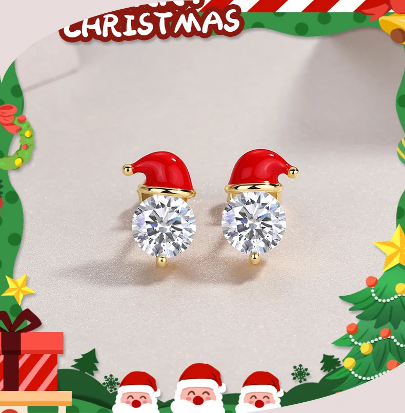 Festive Moissanite Christmas Hat Stud Design with 925 Silver  Round Cut Stones for Holiday Fashion Jewelry Gifts Earrings