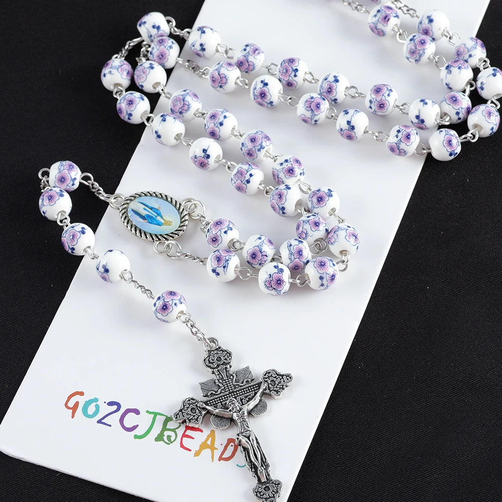 Multicolor Blue and White Porcelain Ceramic Beads Cross Pendant Rosary, Christian Religious Jewelry Prayer Beads Necklace