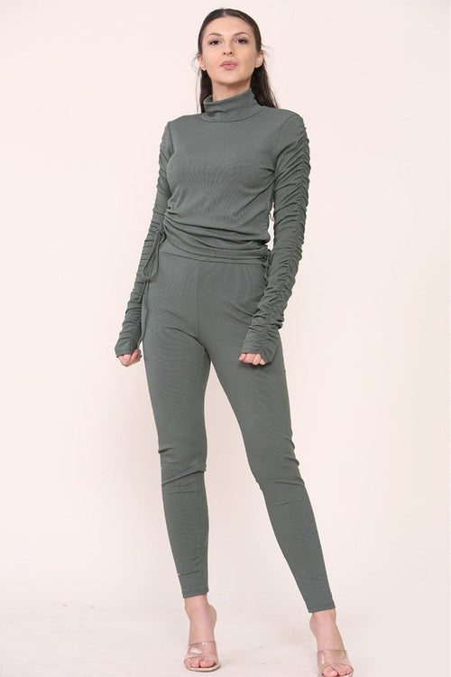 Olive green ruched-side ribbed high-neck tee and leggings with side drawstrings