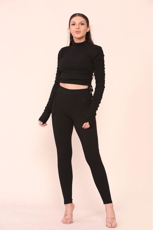 Black ruched high-neck ribbed tee and leggings set with side drawstrings