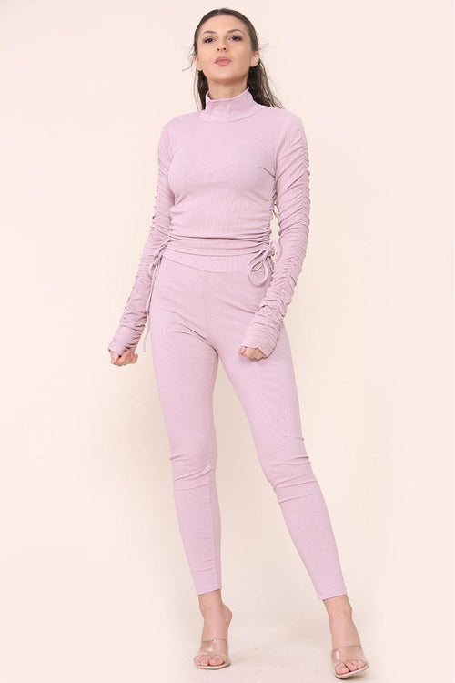 Dusty pink ruched high-neck ribbed tee and leggings set with side drawstrings