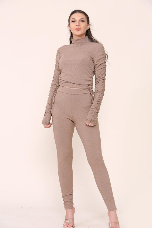 Mocha brown ruched high-neck ribbed tee and leggings set with side drawstrings
