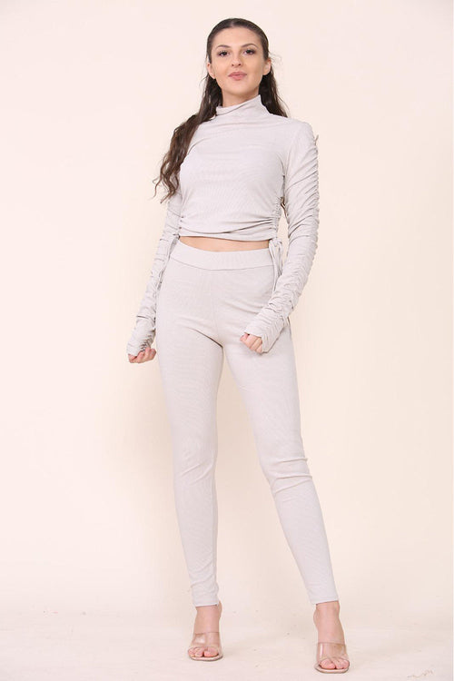 Light beige ruched high-neck ribbed tee and leggings set with side drawstrings
