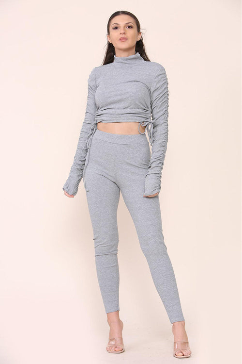 Grey ruched high-neck ribbed tee and leggings set with side drawstrings