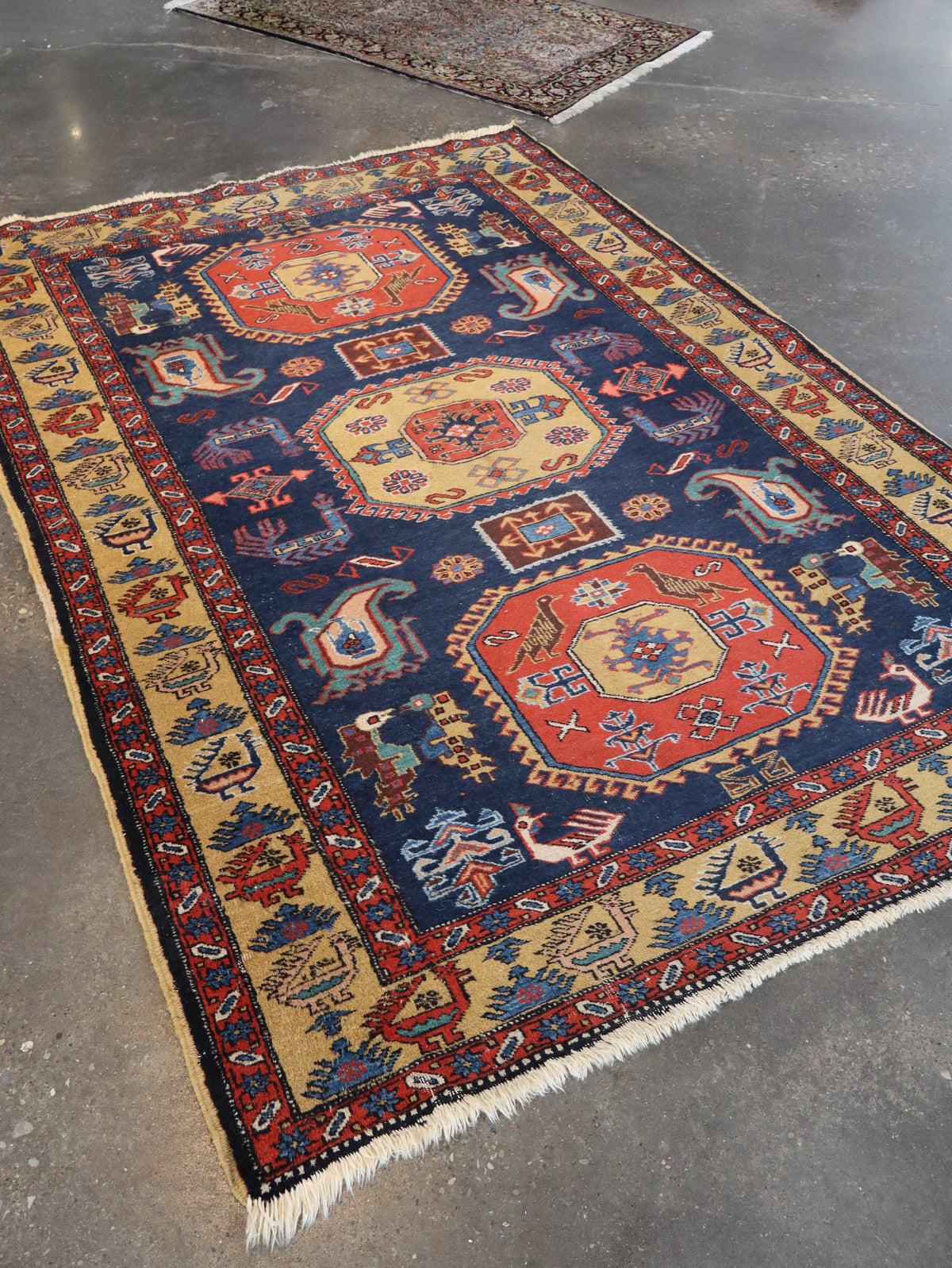 Persian Meshkin Rug — Saffron Medallions & Tribal Birds | 4'7" × 6'9"