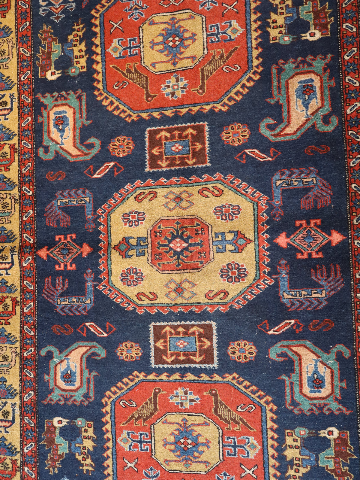 Persian Meshkin Rug — Saffron Medallions & Tribal Birds | 4'7" × 6'9"