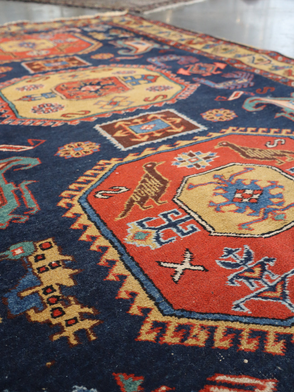 Persian Meshkin Rug — Saffron Medallions & Tribal Birds | 4'7" × 6'9"