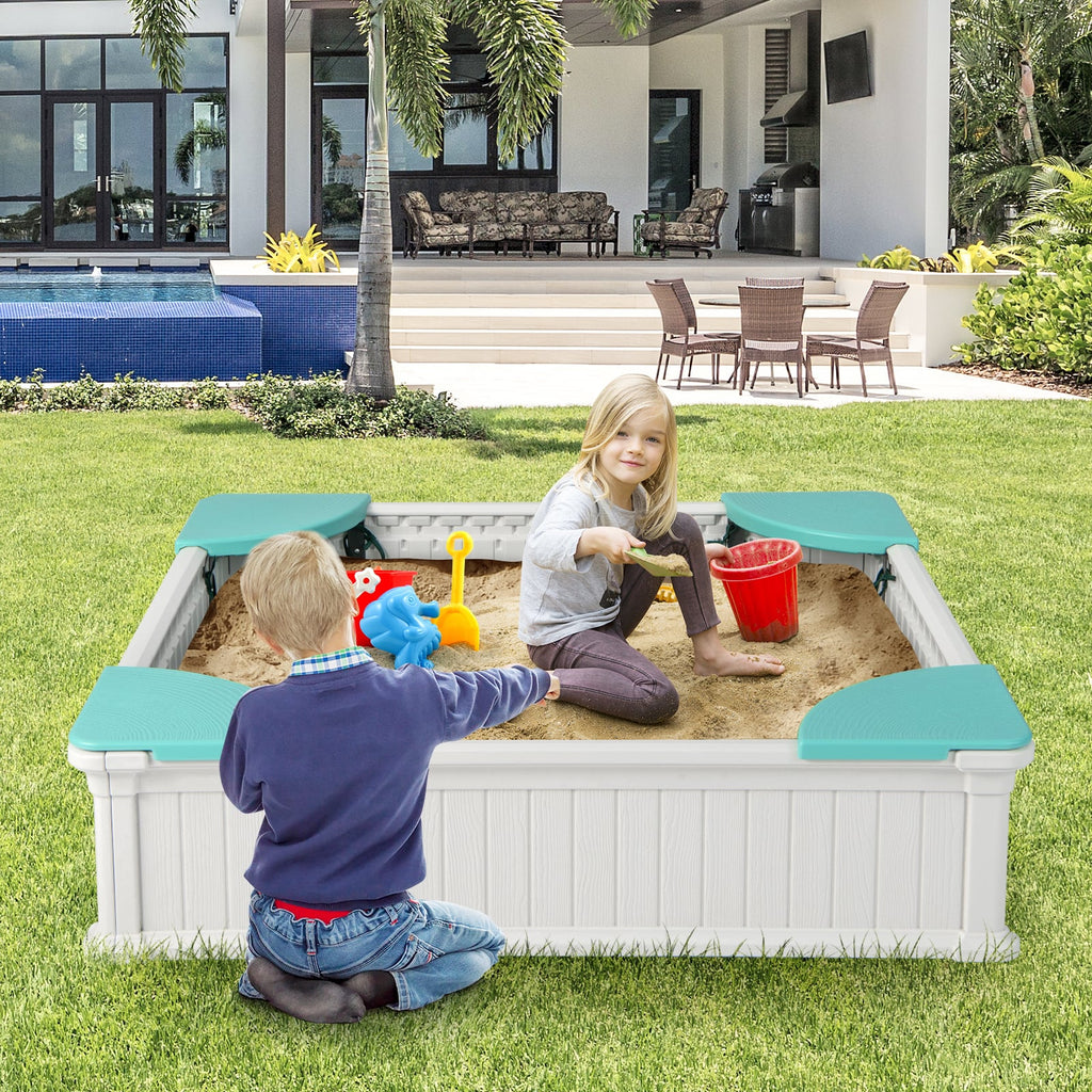 Outdoor-Sandkasten für Kinder mit Oxford-Abdeckung und 4 Eck-Sitzplätzen – Weiß