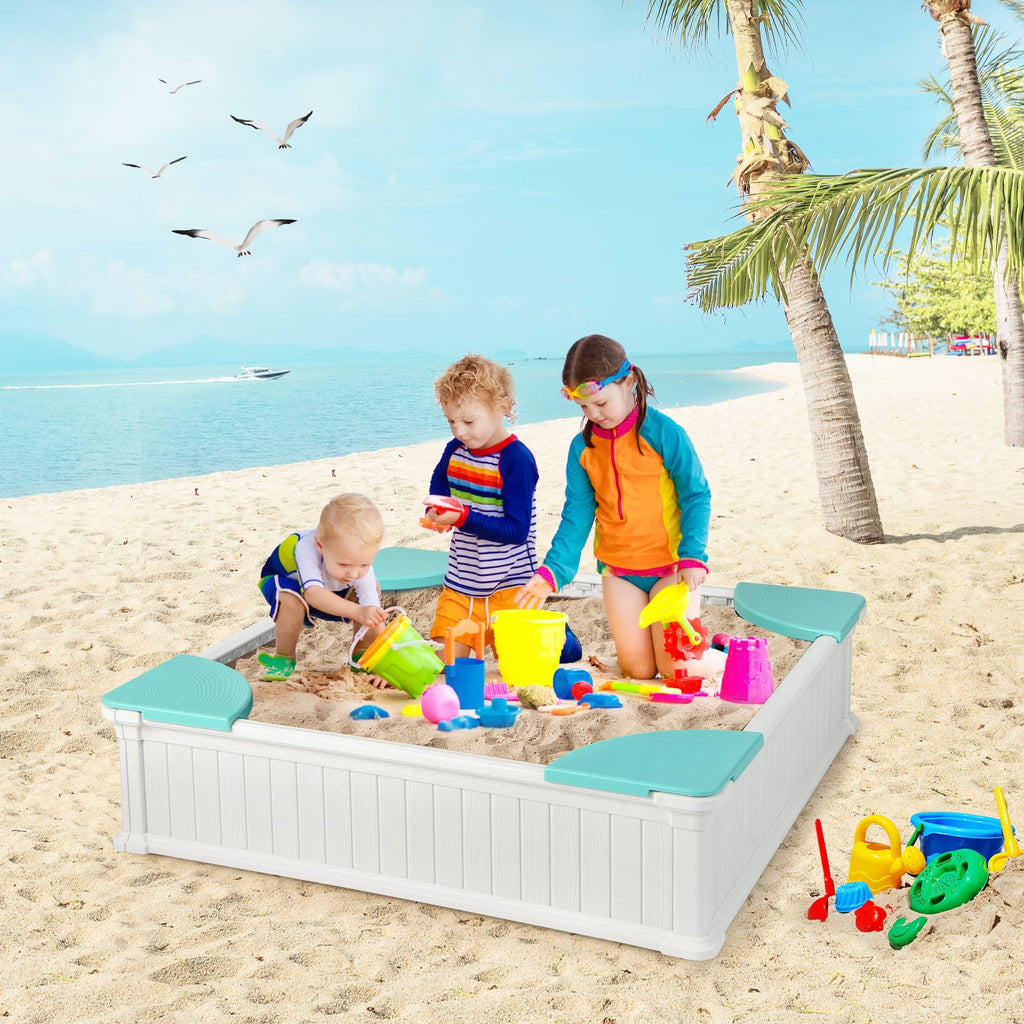 Outdoor-Sandkasten für Kinder mit Oxford-Abdeckung und 4 Eck-Sitzplätzen – Weiß