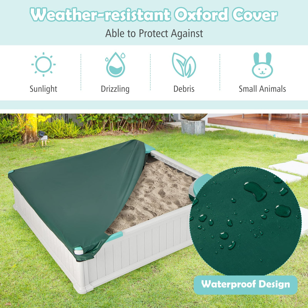Outdoor-Sandkasten für Kinder mit Oxford-Abdeckung und 4 Eck-Sitzplätzen – Weiß