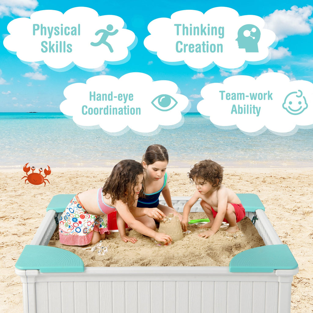 Outdoor-Sandkasten für Kinder mit Oxford-Abdeckung und 4 Eck-Sitzplätzen – Weiß