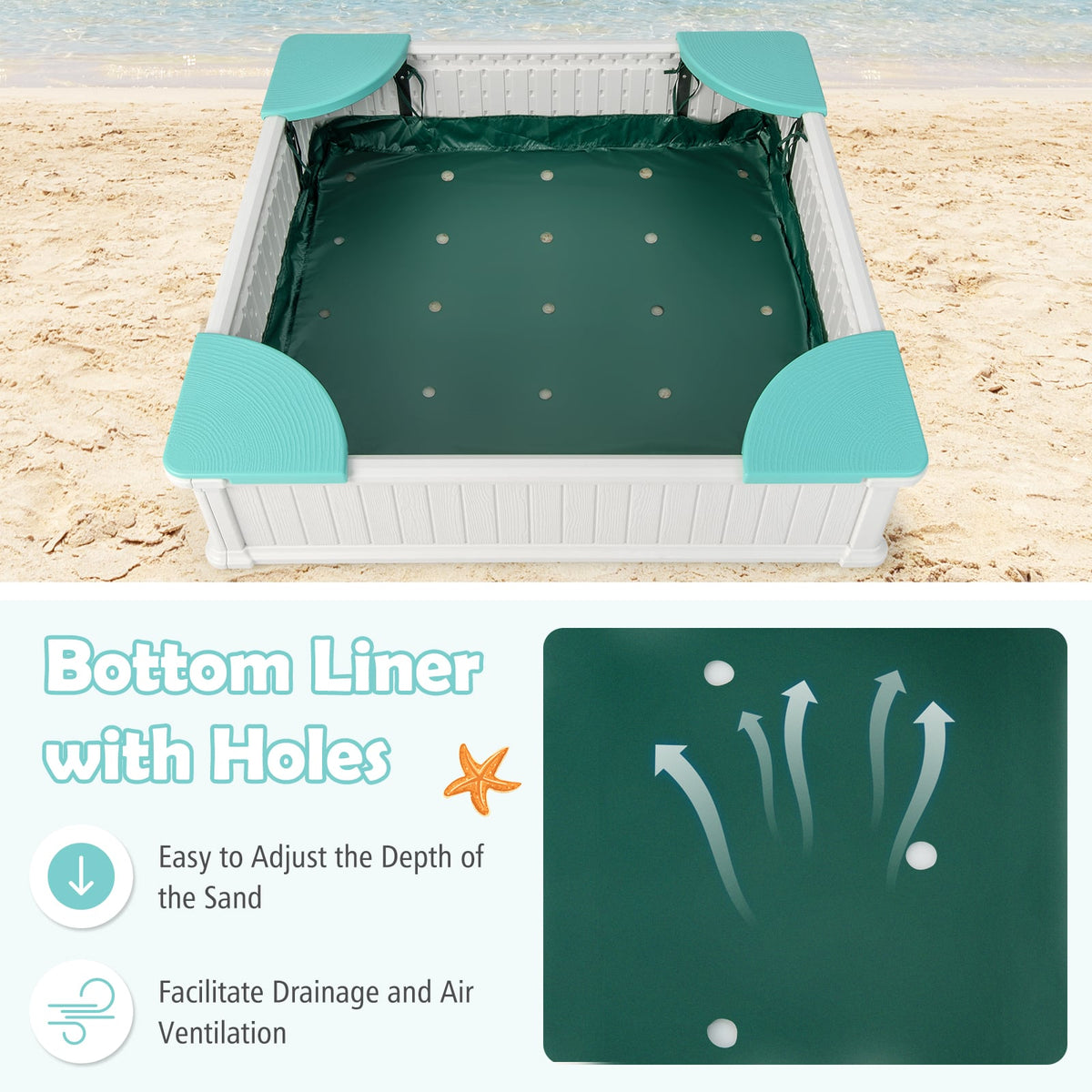 Outdoor-Sandkasten für Kinder mit Oxford-Abdeckung und 4 Eck-Sitzplätzen – Weiß