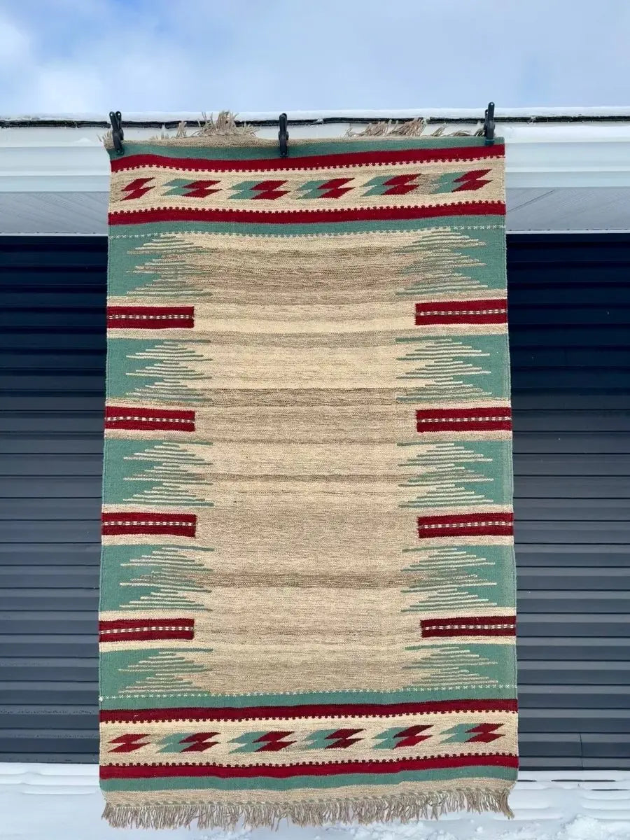 Modern Persian Kilim — Ivory & Teal Broken Stripes | 4' × 6'6"