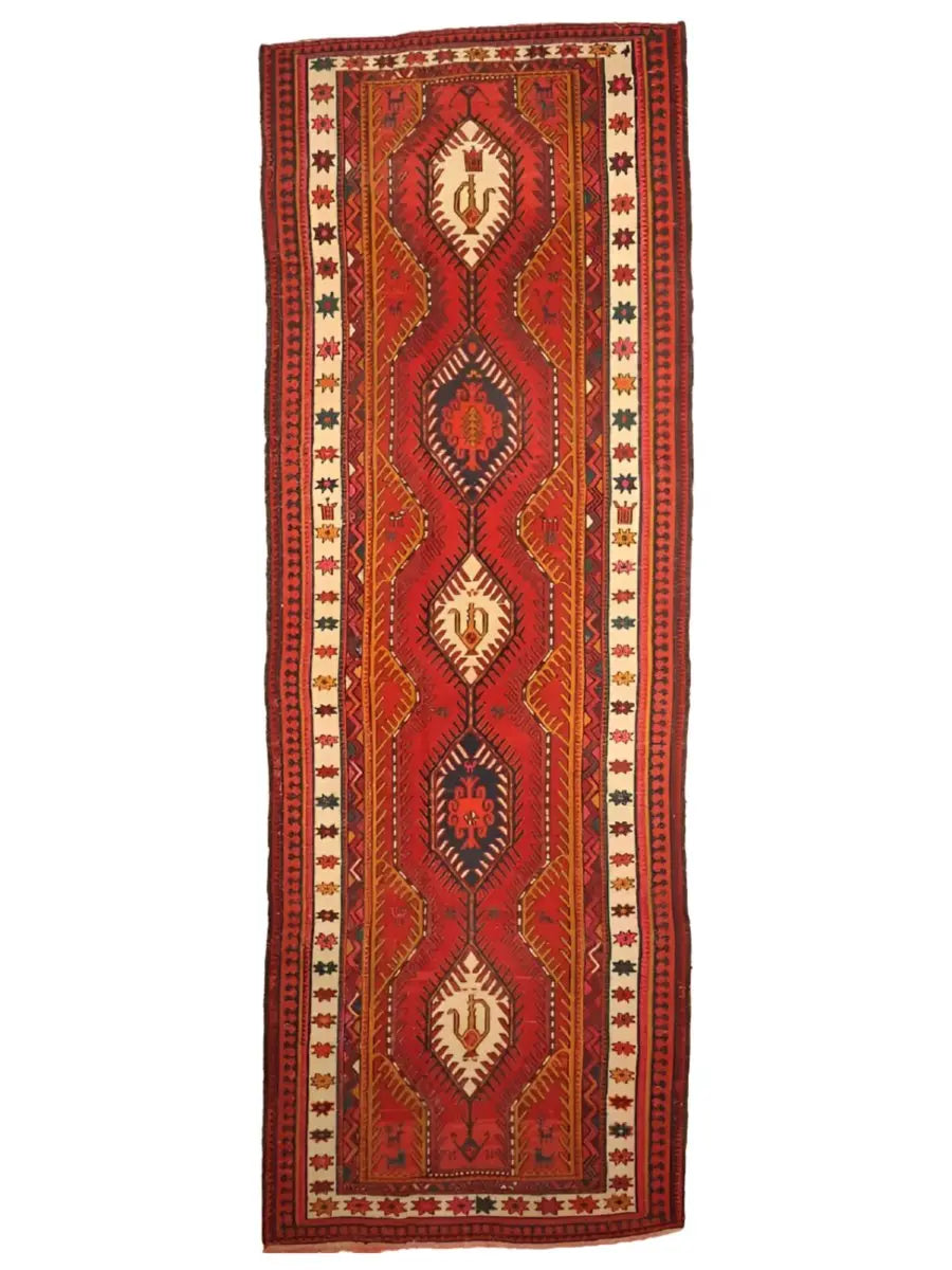 Persian Azerbaijan Soumak Runner — Ruby & Ivory Linked Diamonds | 3'9" × 11'