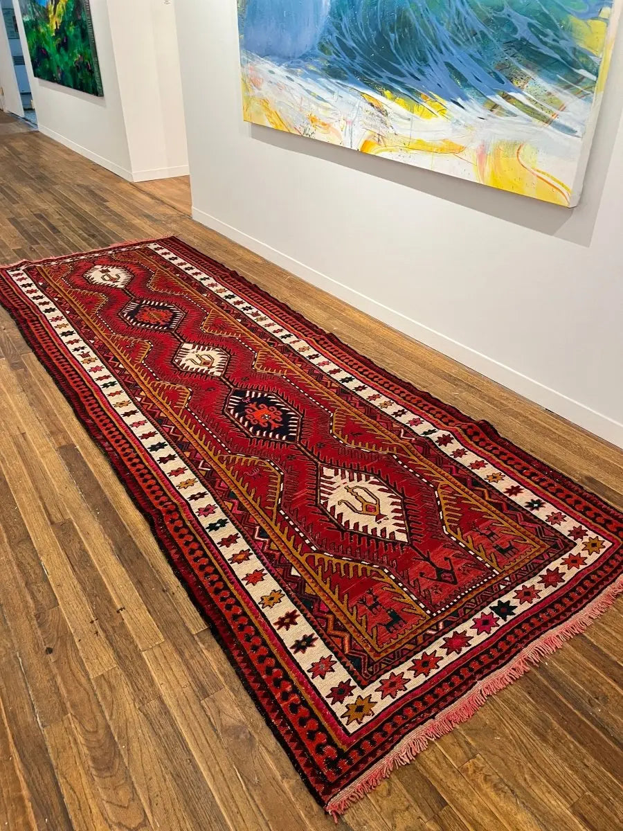 Persian Azerbaijan Soumak Runner — Ruby & Ivory Linked Diamonds | 3'9" × 11'