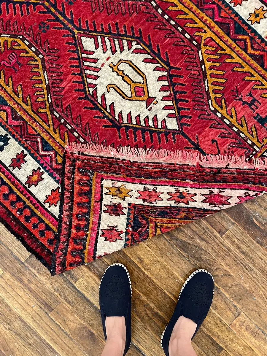 Persian Azerbaijan Soumak Runner — Ruby & Ivory Linked Diamonds | 3'9" × 11'