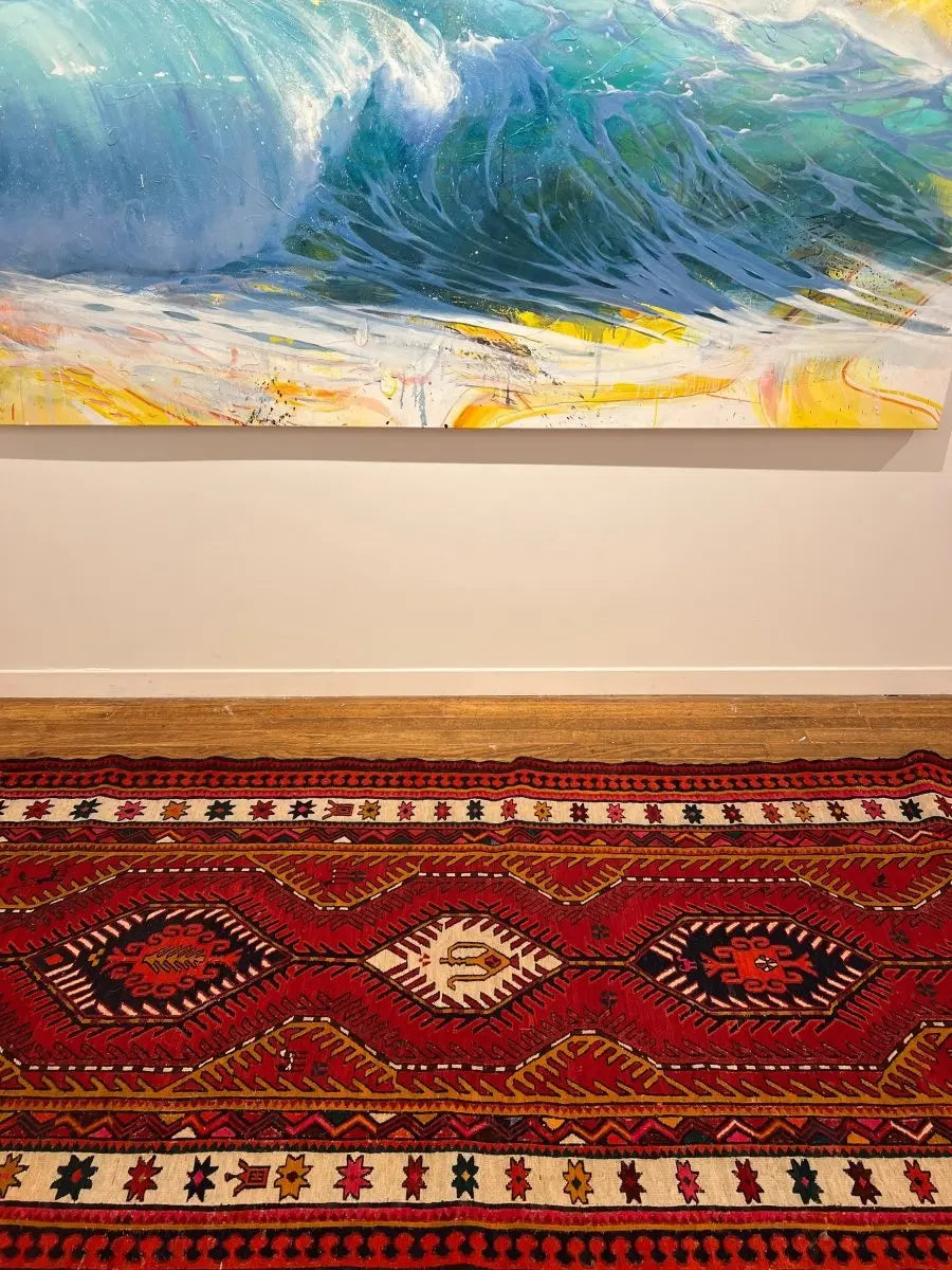 Persian Azerbaijan Soumak Runner — Ruby & Ivory Linked Diamonds | 3'9" × 11'