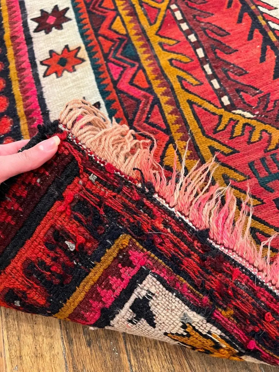 Persian Azerbaijan Soumak Runner — Ruby & Ivory Linked Diamonds | 3'9" × 11'