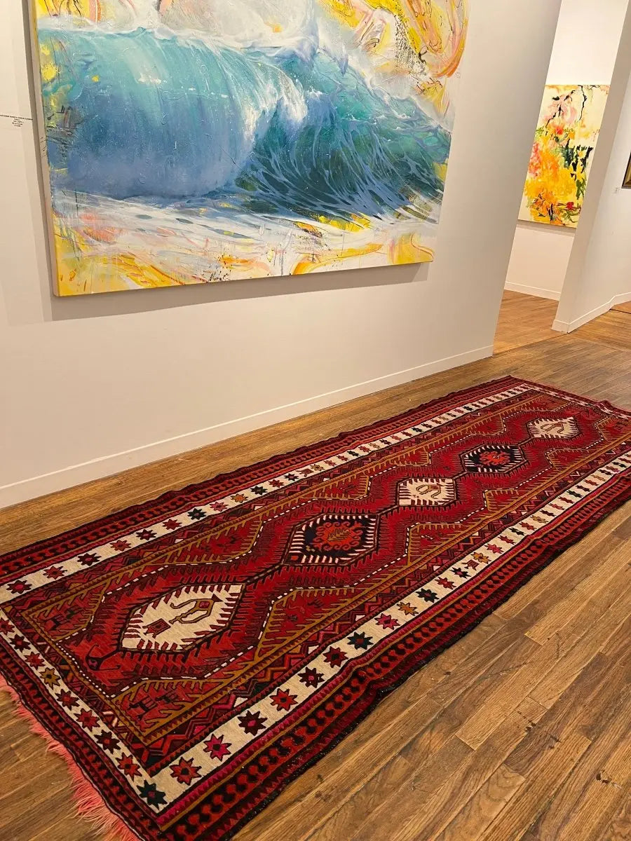 Persian Azerbaijan Soumak Runner — Ruby & Ivory Linked Diamonds | 3'9" × 11'