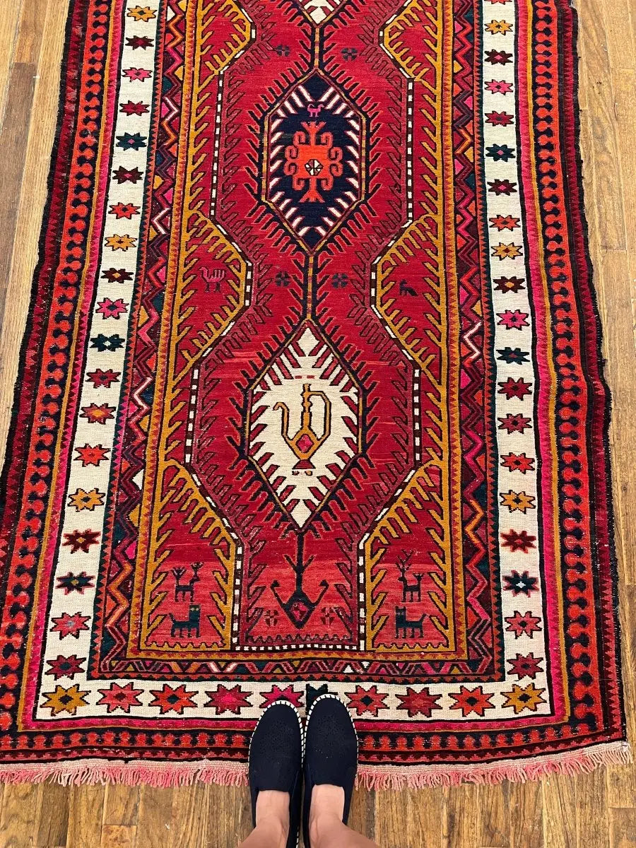 Persian Azerbaijan Soumak Runner — Ruby & Ivory Linked Diamonds | 3'9" × 11'