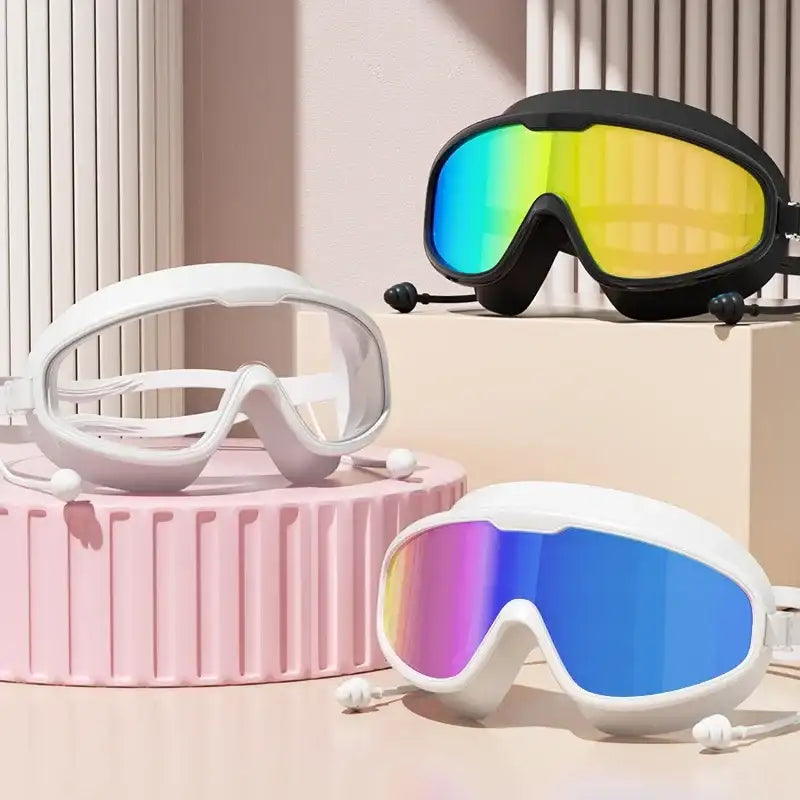 Outdoor-Schwimmbrille mit Antibeschlag und weitem Sichtfeld, Taucher- und Schwimmbrille mit Ohrstöpseln für Erwachsene und Jugendliche