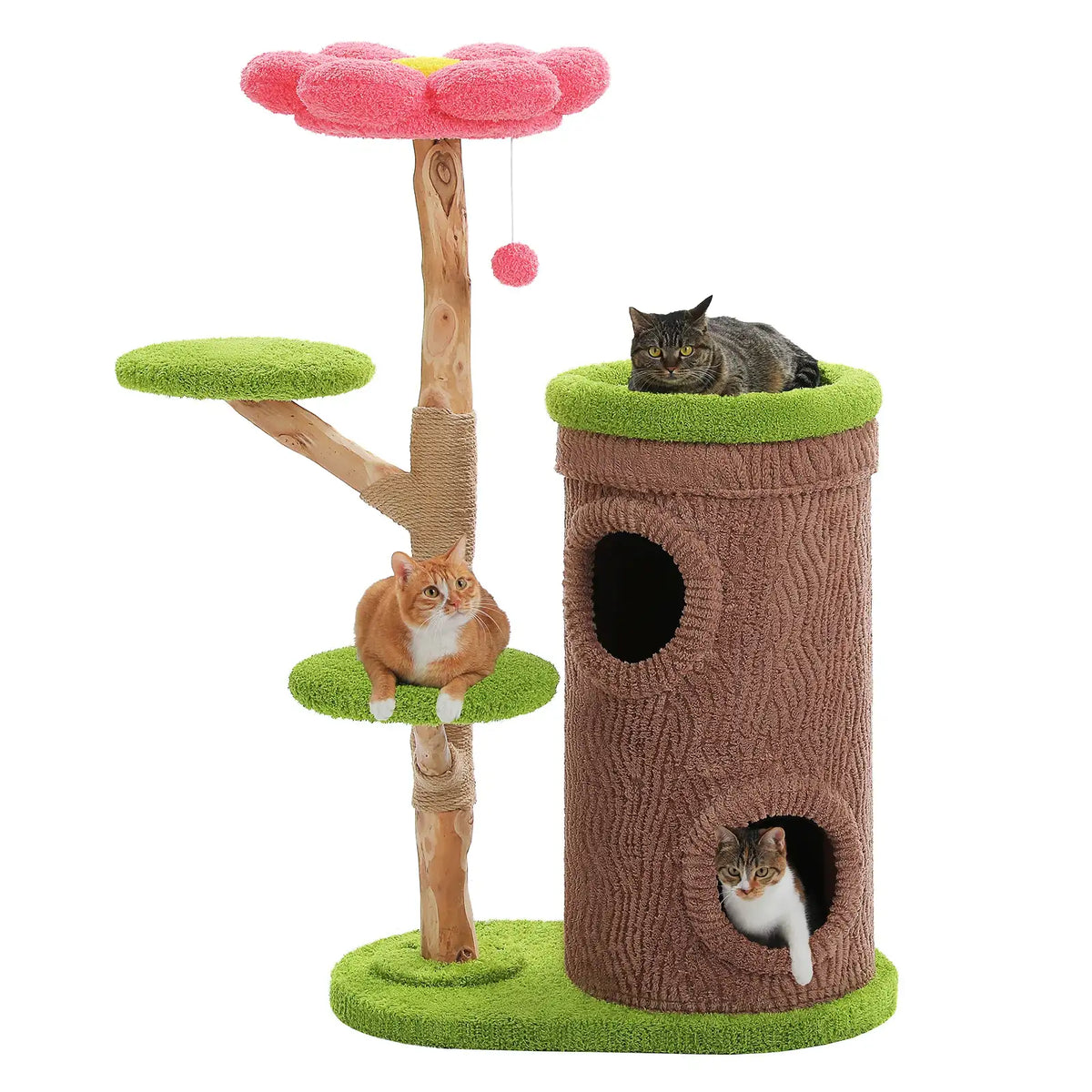 Arbre à chat multi-niveaux XL en bois avec 4 niches et poteau à griffer épais