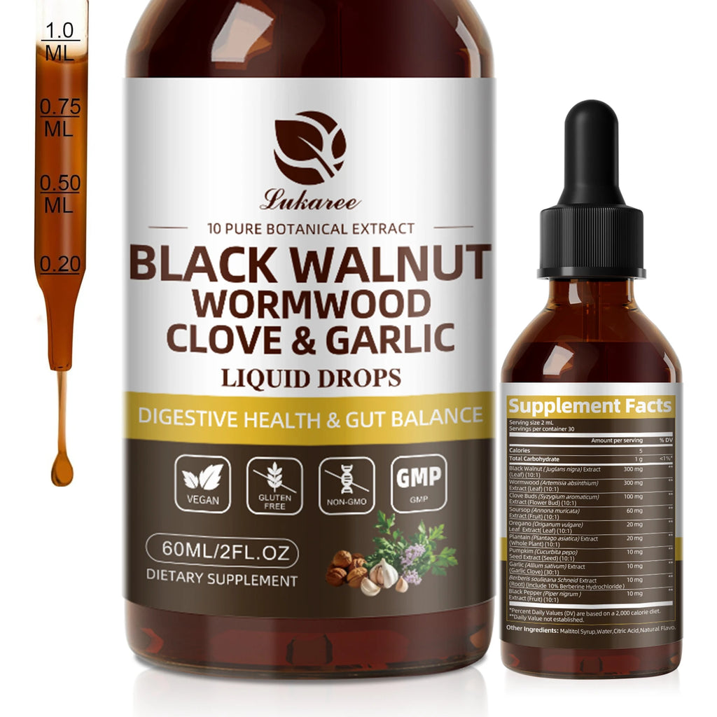 Lukaree 60ML Schwarzwalnusstropfen mit Wermut, Nelke und Knoblauch zur Unterstützung der Verdauung und des Immunsystems, zur Entgiftung des Körpers und als Antioxidans