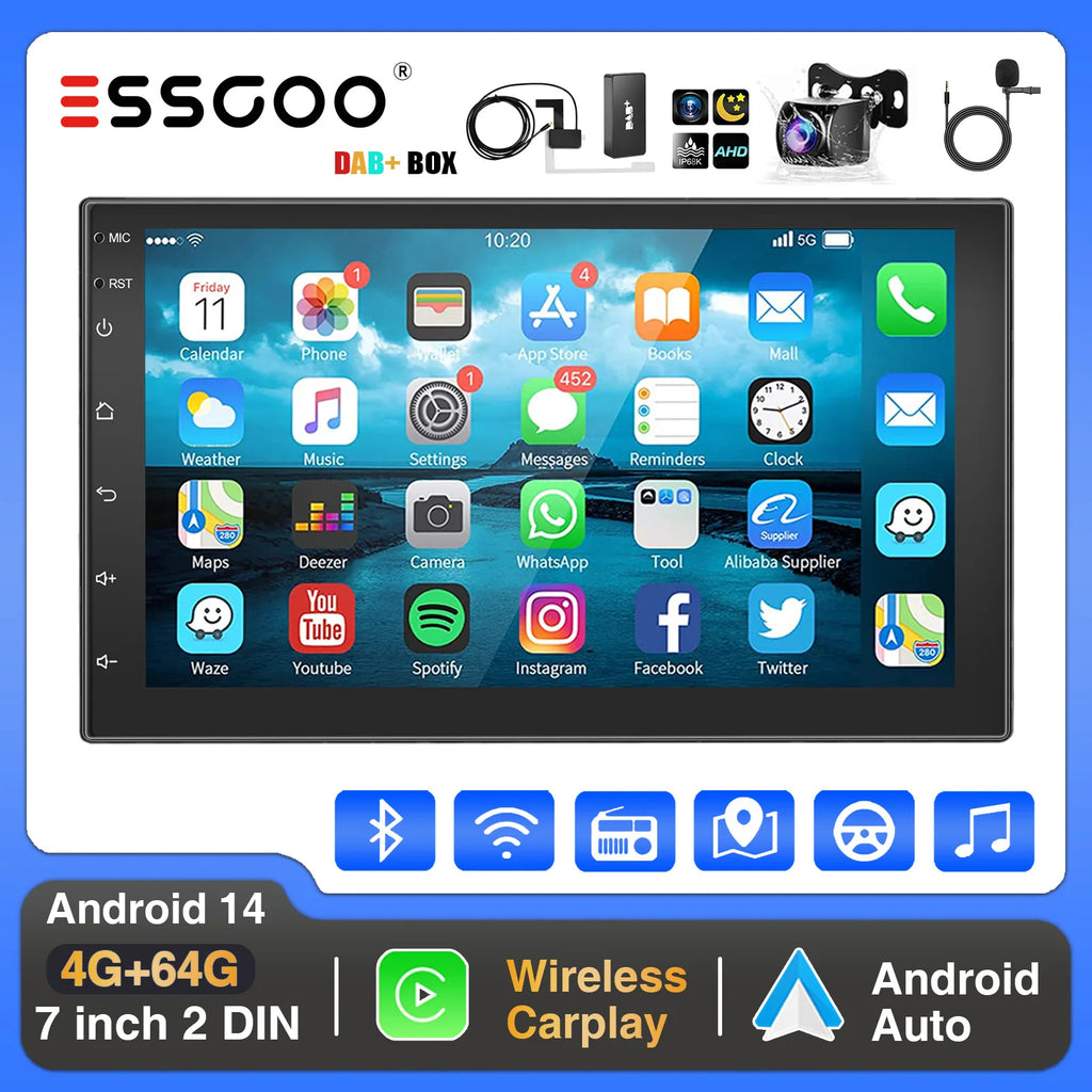 Autoradio ESSGOO sans fil CarPlay Android Auto 2 DIN 7" Autoradio HD FM-GPS Écran tactile Unité centrale 4+64G DAB+ AHD