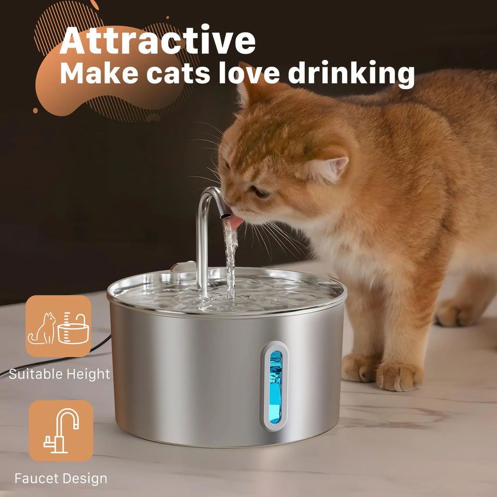 Fontaine à Eau Automatique pour Chat 2,2 L, Distributeur d'Eau en Acier Inoxydable pour Chiens, Pompe Ultra-silencieuse, Fontaine à Eau pour Plusieurs Animaux de Compagnie