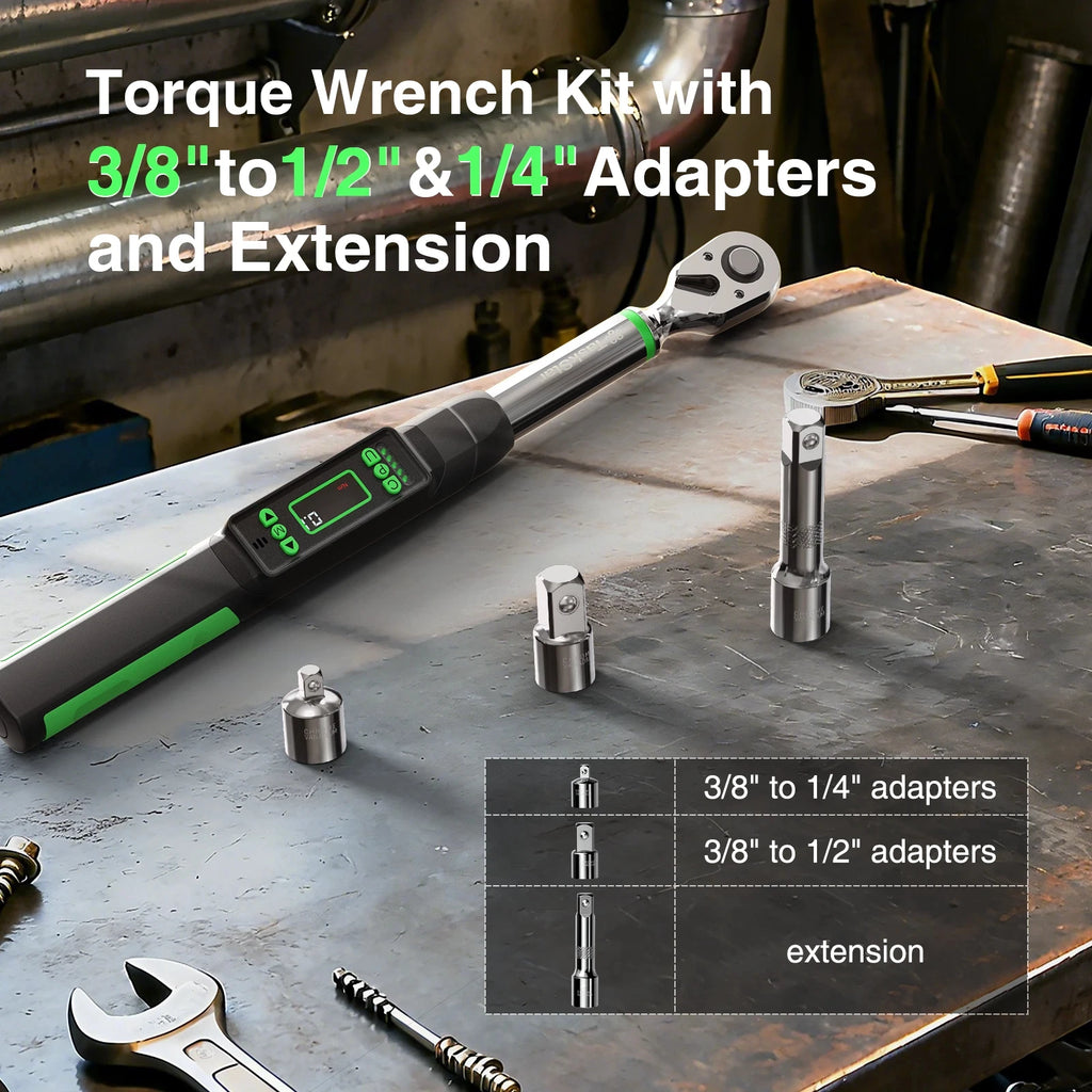 TaskStar Digital Torque Wrench, 3/8-inch Drive with 1/4 and 1/2-inch Adapters, ±2% Accuracy, 0-162 ft-lbs, for Cars, Motorcycles and Bicycles