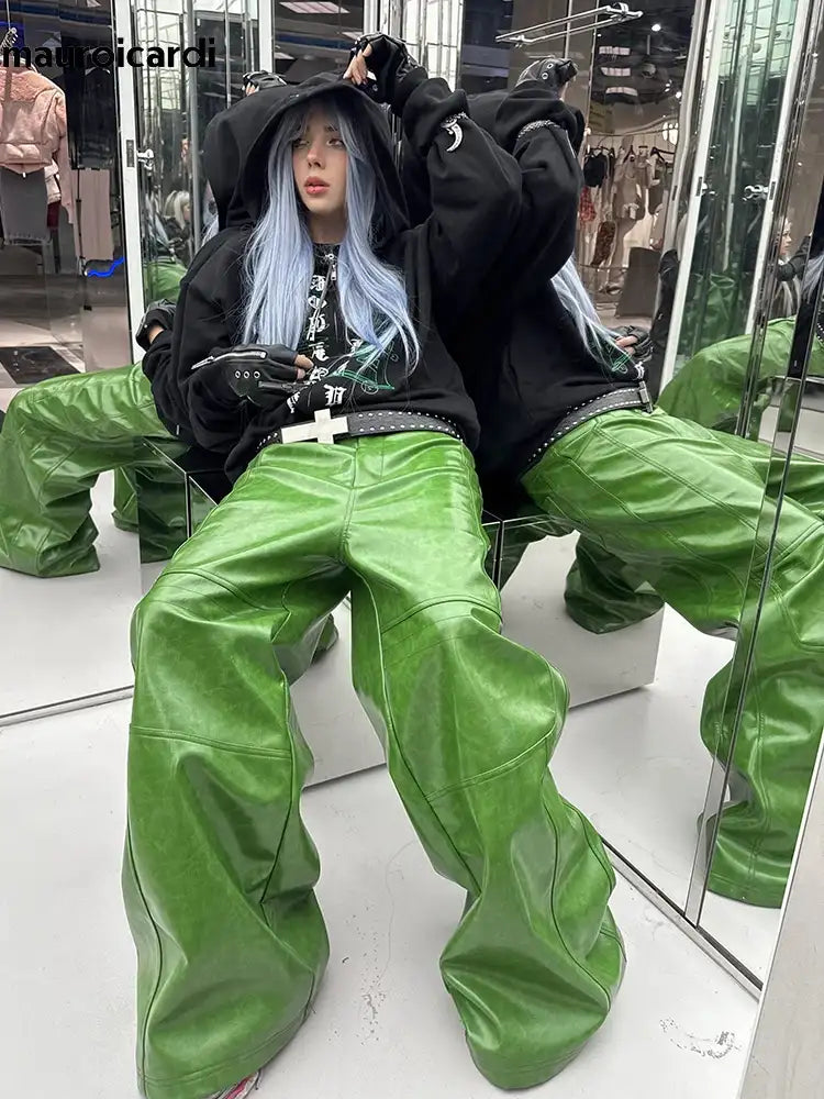 Mauroicardi Spring Autumn Cool Long Shiny Reflective Green PU Leather Wide Leg Pants for Men - Y2K Luxury Style