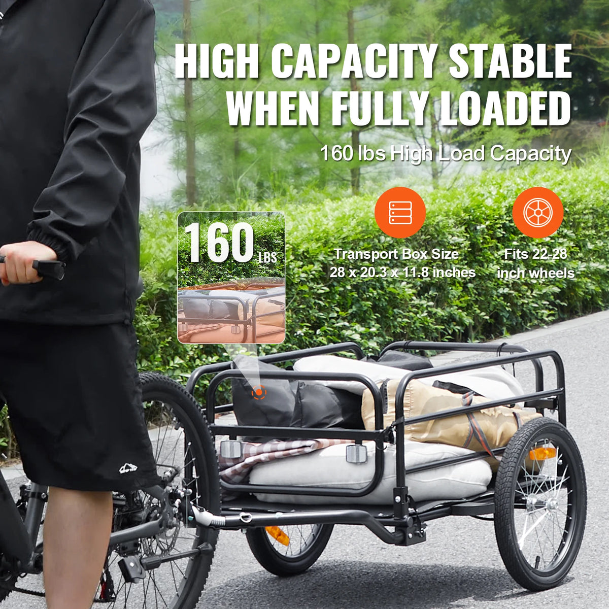 SucceBuy 160ポンド 自転車用カーゴトレーラー 折りたたみ式収納 自転車用ワゴンカート 16インチホイール・安全反射板付き 22〜28インチの自転車ホイールに対応