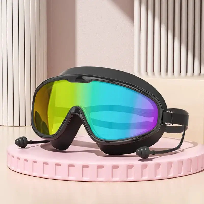 Outdoor-Schwimmbrille mit Antibeschlag und weitem Sichtfeld, Taucher- und Schwimmbrille mit Ohrstöpseln für Erwachsene und Jugendliche