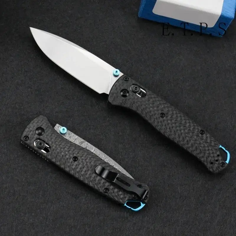 Bugout 535 Outdoor-Klapp-Taschenmesser, Klinge aus Damaszenerstahl, Griff aus Carbonfaser, Jagdmesser, Camping-, Angel- und EDC-Werkzeug