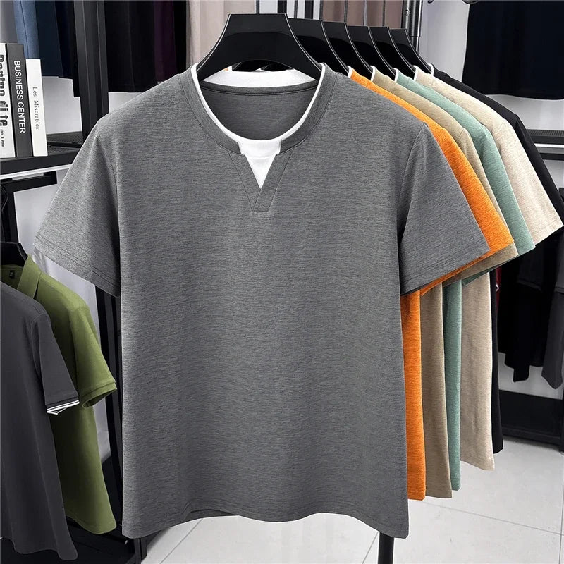 Men's Fashion V Neck T Shirt With Fake Two Piece Detail Soft Elastic Fabric For Daily And Casual Use