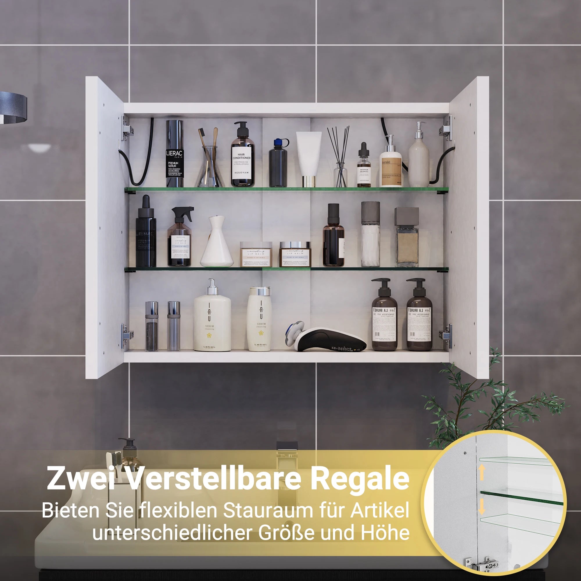 Rosahqnda LED Mirror cabinet for bathroom anti-fog bathroom mirror cabinet, 3 color temperature dimmable，white