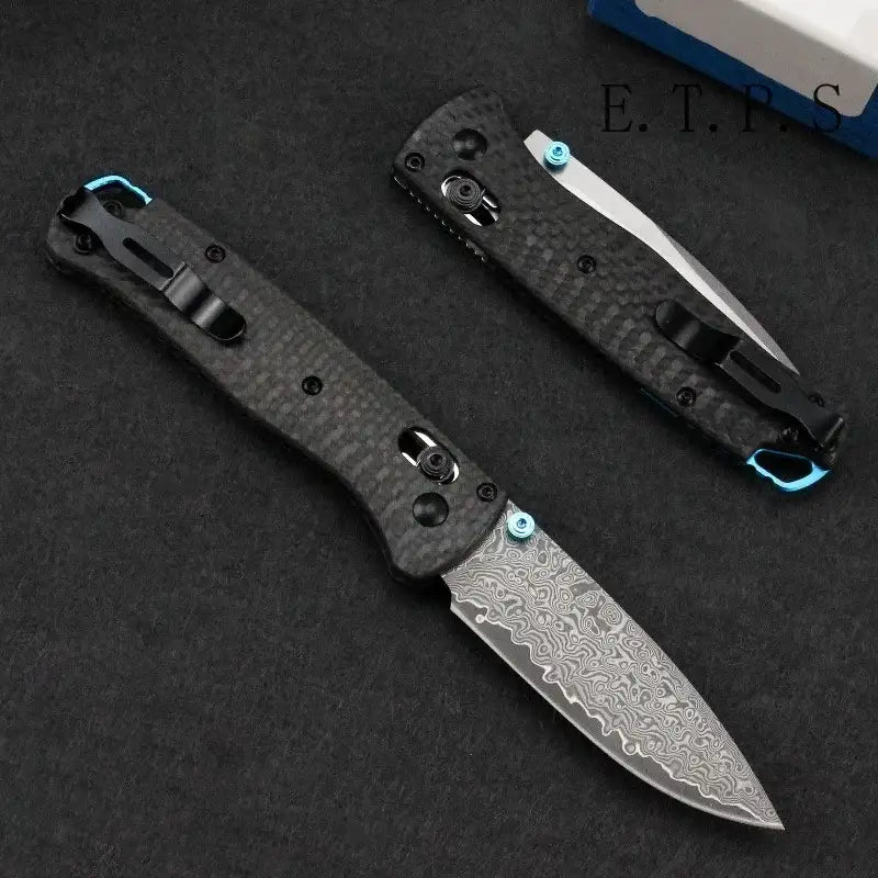 Bugout 535 Outdoor-Klapp-Taschenmesser, Klinge aus Damaszenerstahl, Griff aus Carbonfaser, Jagdmesser, Camping-, Angel- und EDC-Werkzeug