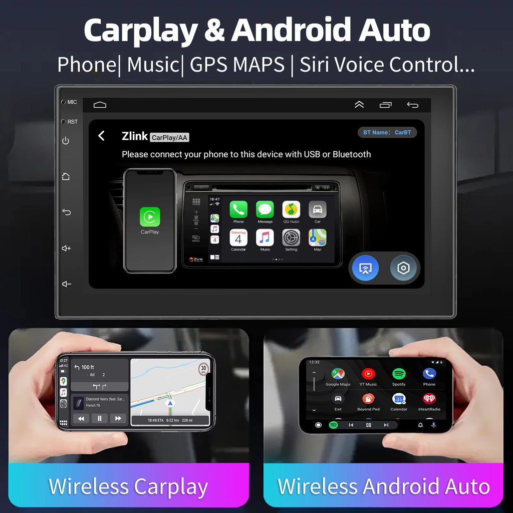 Autoradio ESSGOO sans fil CarPlay Android Auto 2 DIN 7" Autoradio HD FM-GPS Écran tactile Unité centrale 4+64G DAB+ AHD