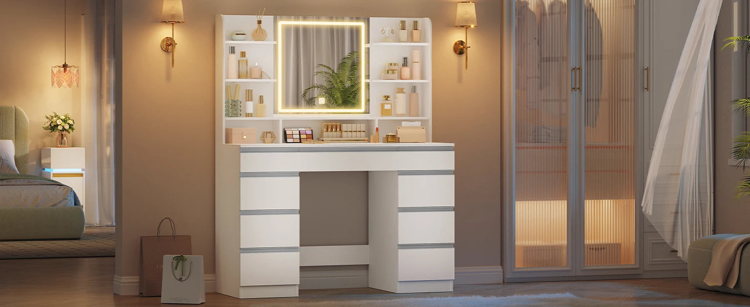 Large Dressing Table with LED Lighting, 3 Colours, Brightness Control,  with Mirror, 9 Drawers, 9 Open Shelves
