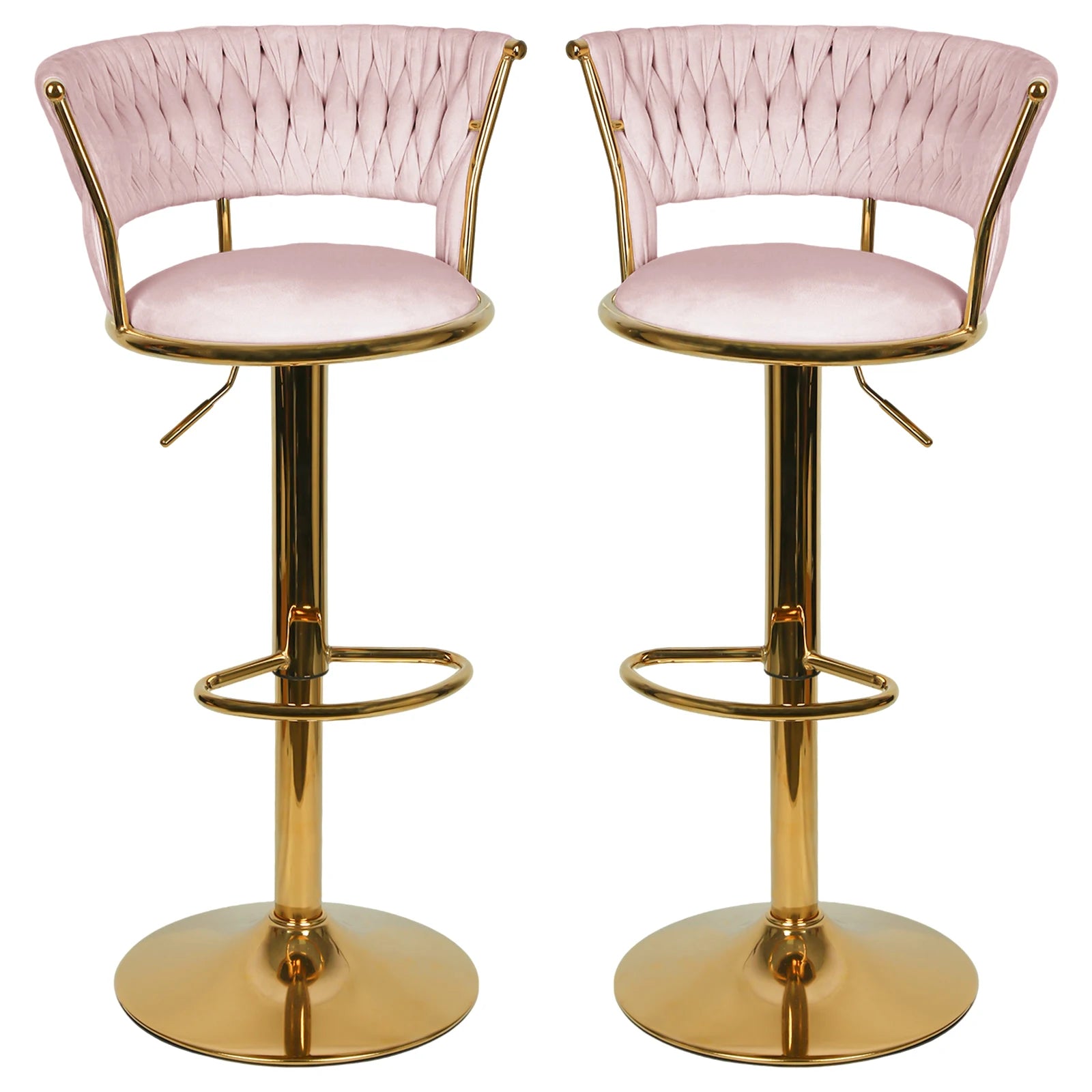 Lot de 2 tabourets de bar avec dossier tressé et repose-pieds, tabouret pivotant, réglable en hauteur, piètement évasé en métal + assise rembourrée en velours, gris/rose/bleu/noir