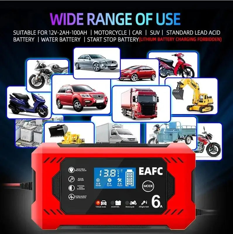 EAFC Battery Repair LCD Display 6A 12V Intelligent Car Battery Charger Car and Motorcycle Battery Charging Unit Lead-Acid